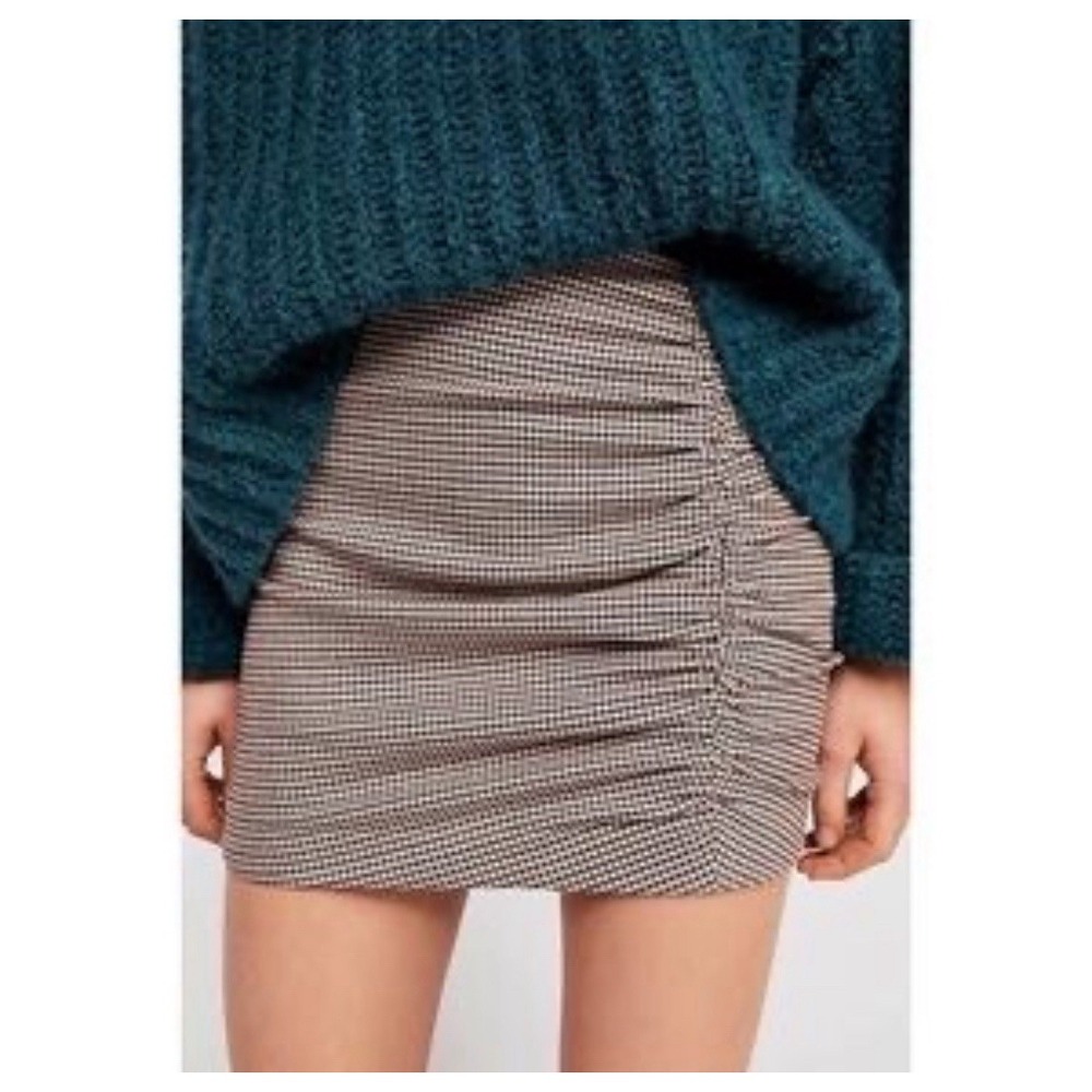 Free‎ People Womens 2 Small Mini Skirt Ruched Plaid Houndstooth Brown Academia